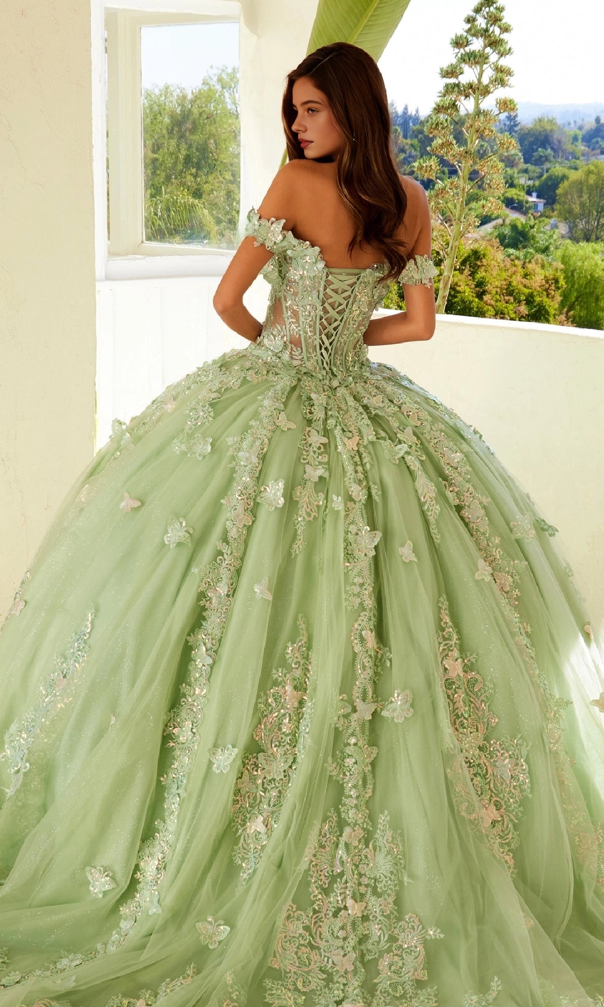 Elegant Ball Gown Off‑Shoulder Ruffle Sleeve Lace‑Up Back Court Train Quinceanera Dress