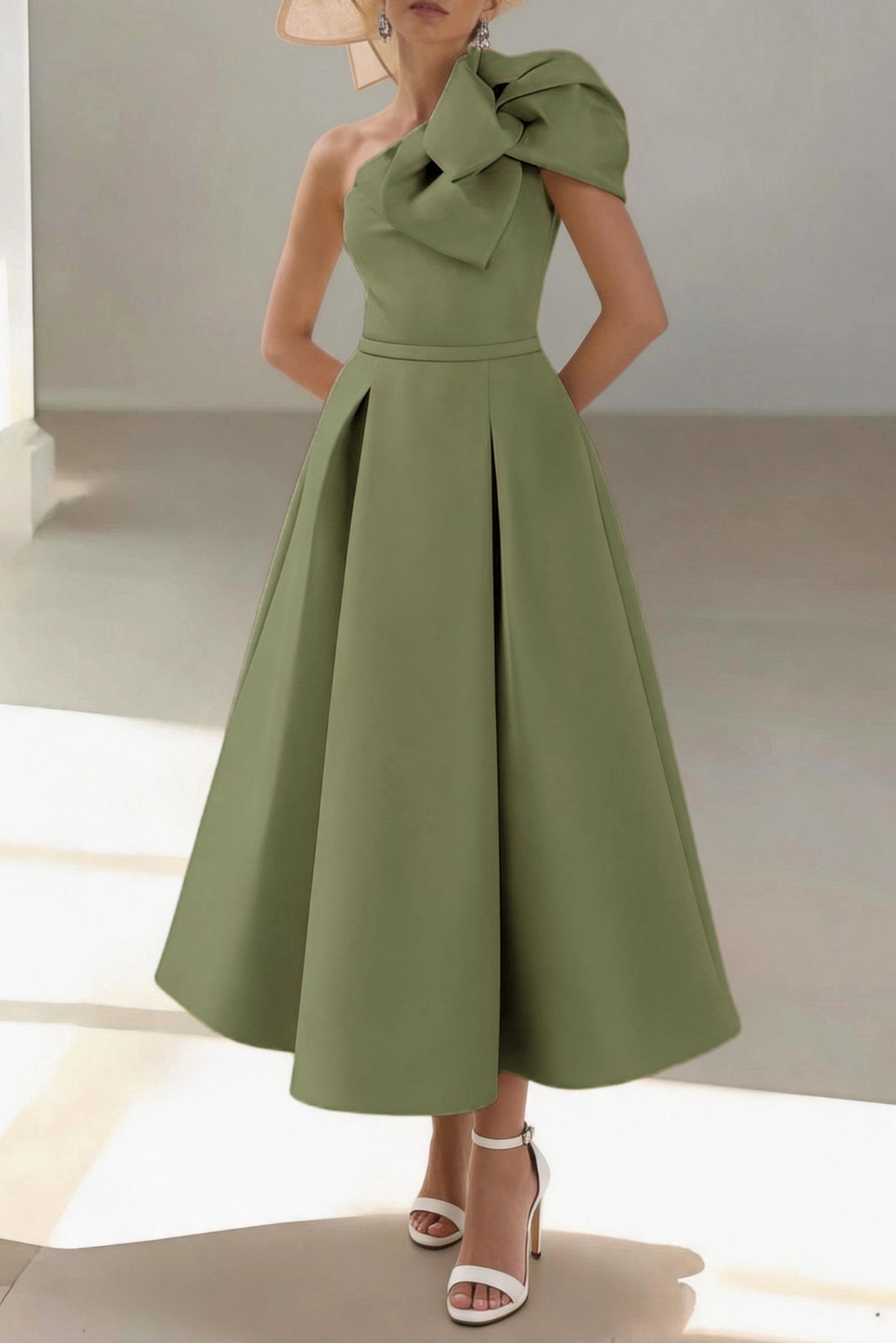 Elegant A-Line One Shoulder Sleeveless Zip Back Midi Mother Of The Bride Dress