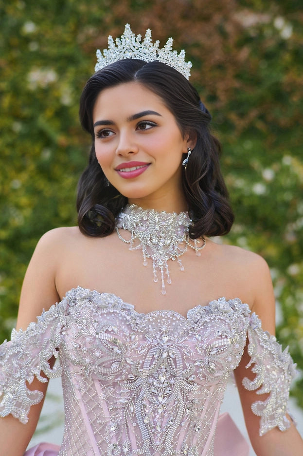 Ball Gown Off Shoulder Beaded Bow Long Train Quinceañera Dress