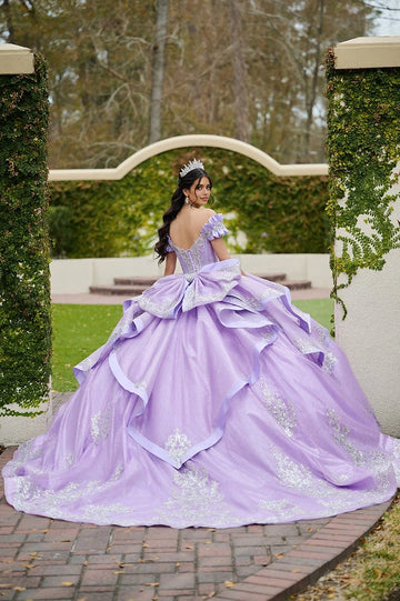 Vedress lavender quinceañera gown lace-up corset back oversized layered ruffle bow silver lace long train back view