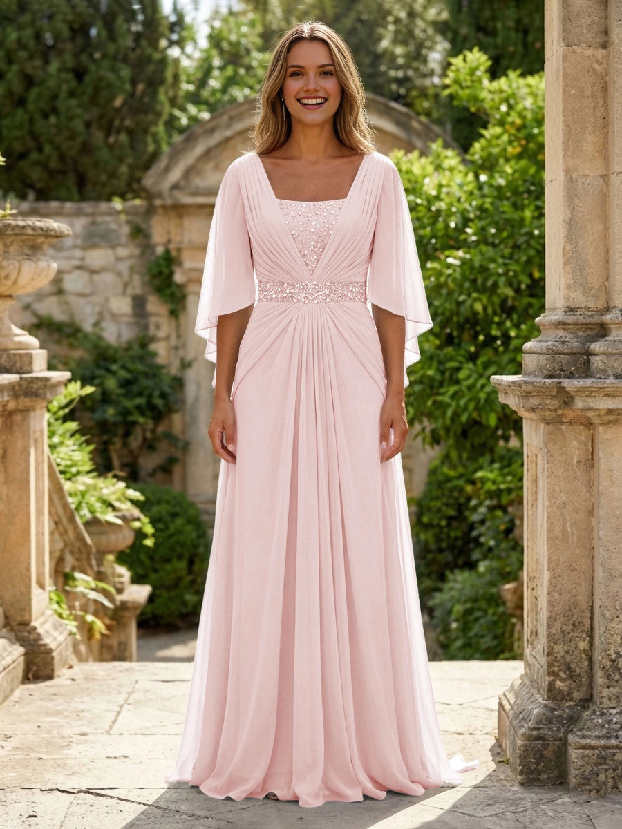 Soft Sky-Blue A-Line Square-Neck Flutter-Sleeve V-Back Floor-Length Wedding Guest Dress