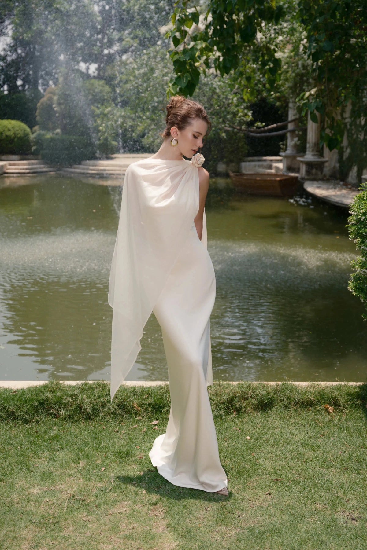 Elegant Sheath One‑Shoulder Sleeveless Cross‑Back Floor‑Length Wedding Dress