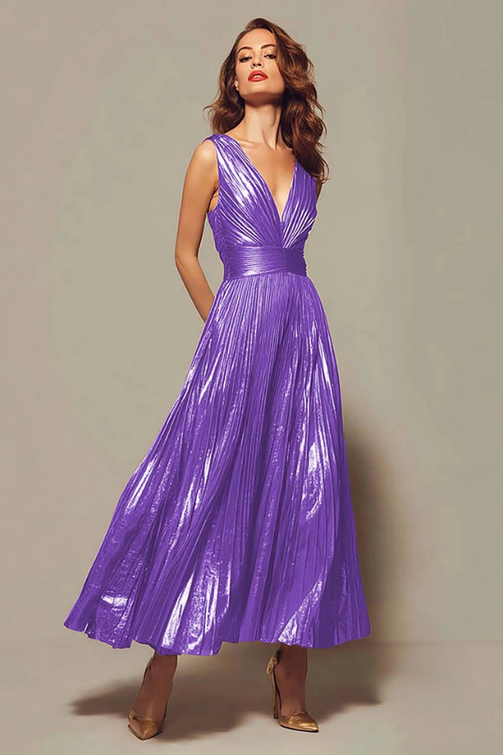 Elegant A‑Line V‑Neck Sleeveless V‑Back Floor‑Length Bridesmaid Prom Dress