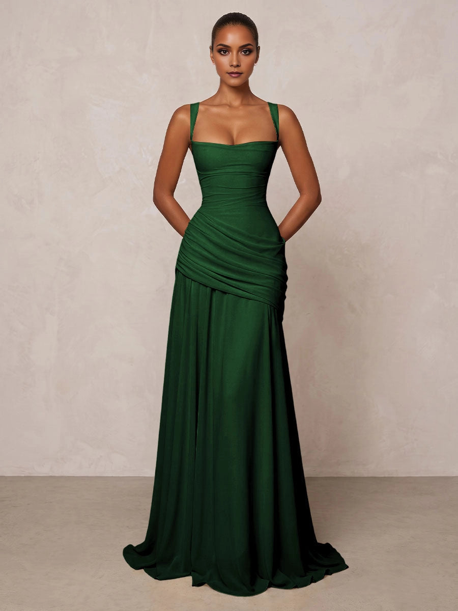 Graceful A‑Line Square‑Neck Sleeveless Crisscross‑Back Floor‑Length Bridesmaid Prom Dress