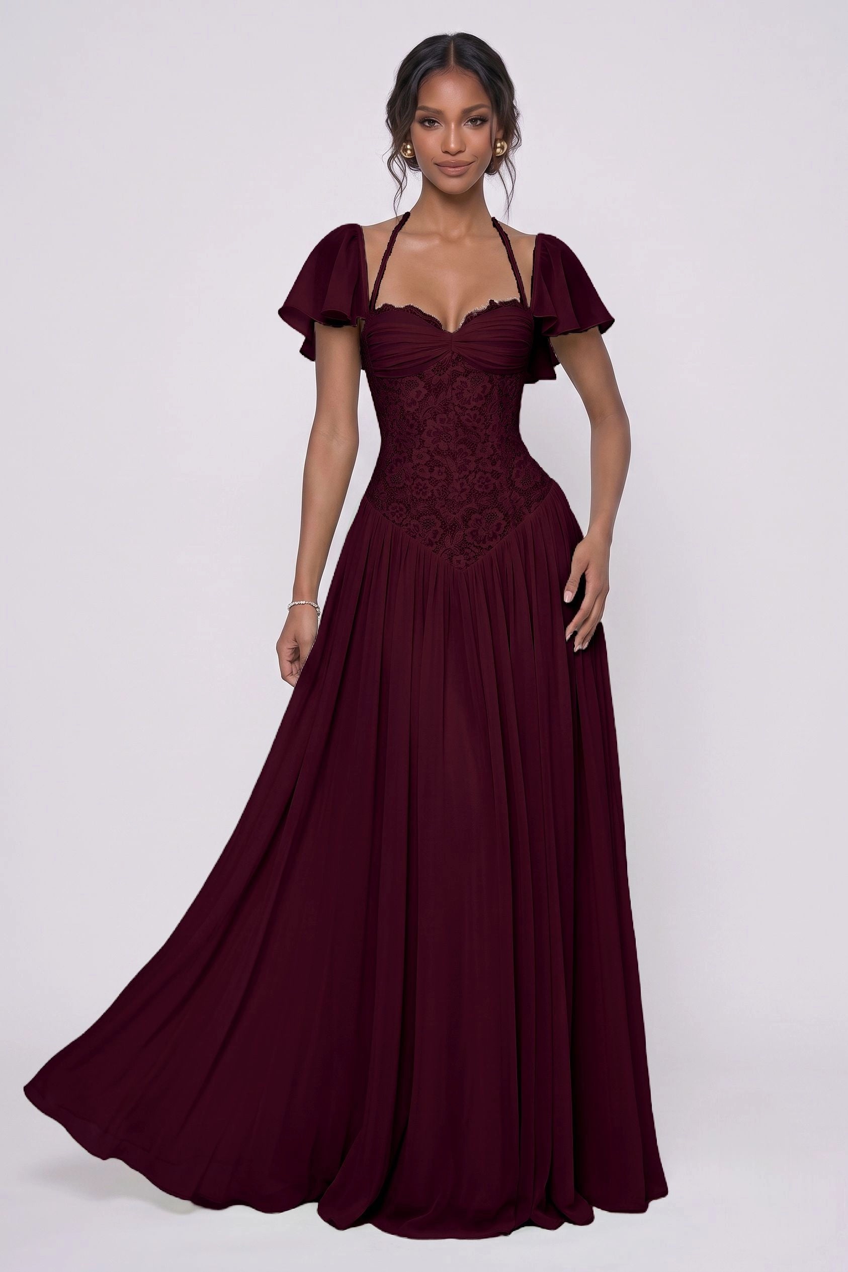 Romantic A-Line Sweetheart Flutter Sleeves Lace-Up Back Floor-Length Wedding Guest Dress