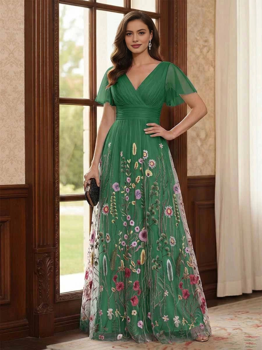 Gorgeous Black A‑Line V‑Neck Flutter‑Sleeve V‑Back Floor‑Length Floral Embroidered Mother Of The Bride Dress