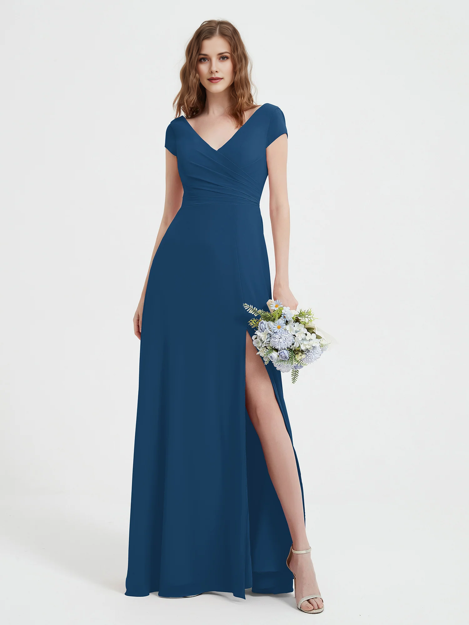 Cap Sleeve V-Neck Wrap Waist High Slit Chiffon Floor-Length Bridesmaid Evening Maxi Dress
