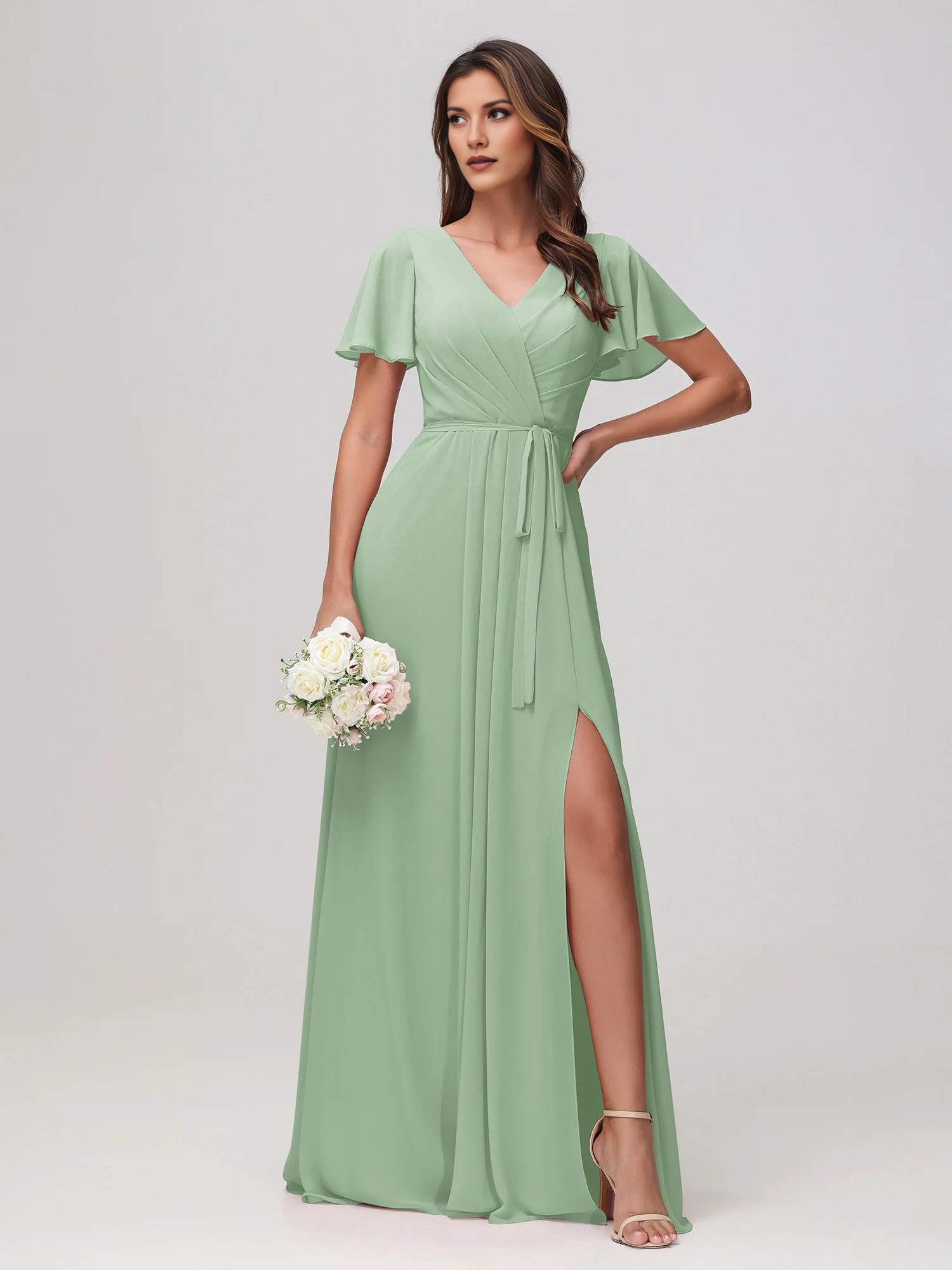 Flutter Sleeve Chiffon V-Neck Bridesmaid Dress with Waist Tie & High Slit