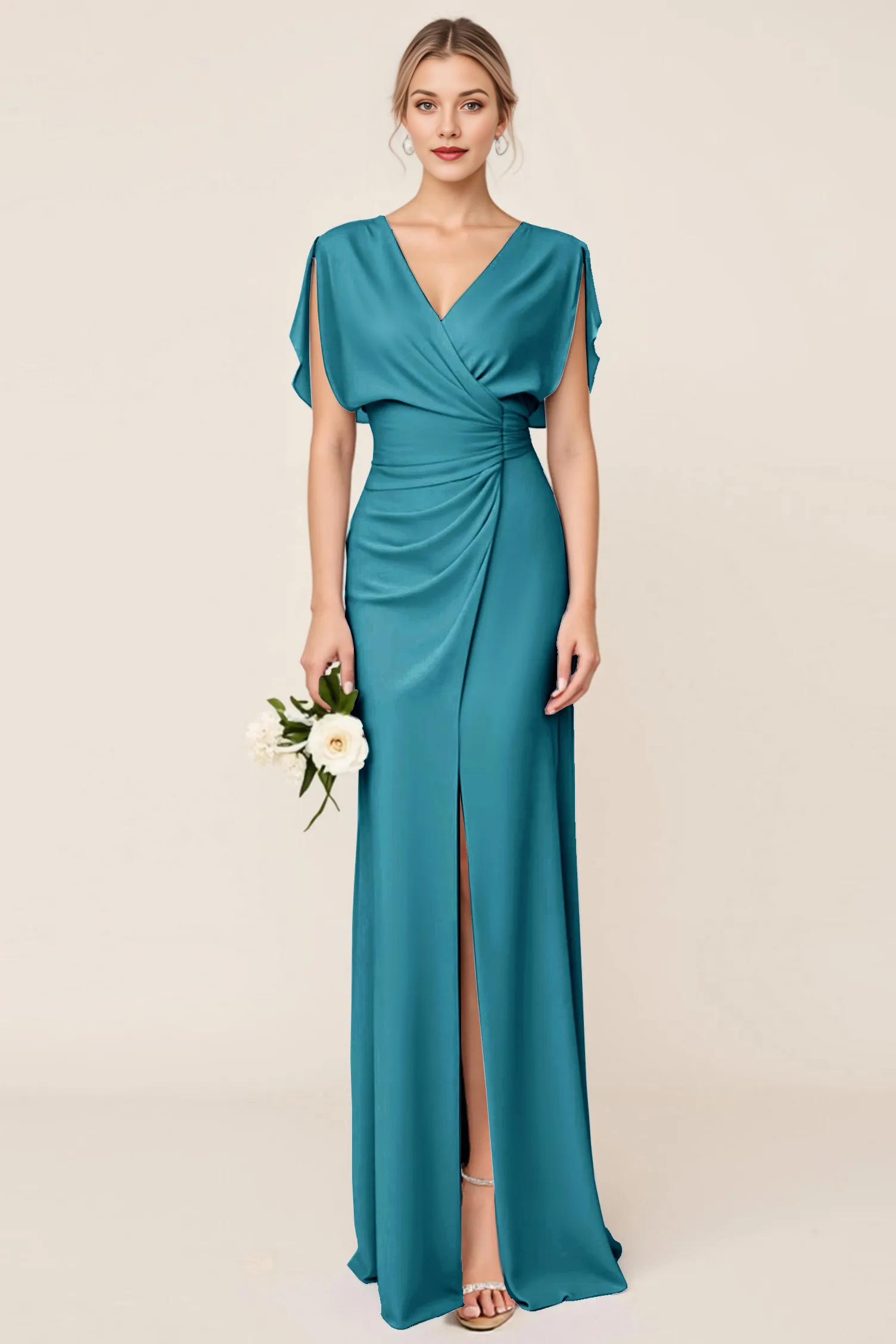 V-Neck Draped Sleeve Chiffon Bridesmaid Dress with Ruched Waist & Slit