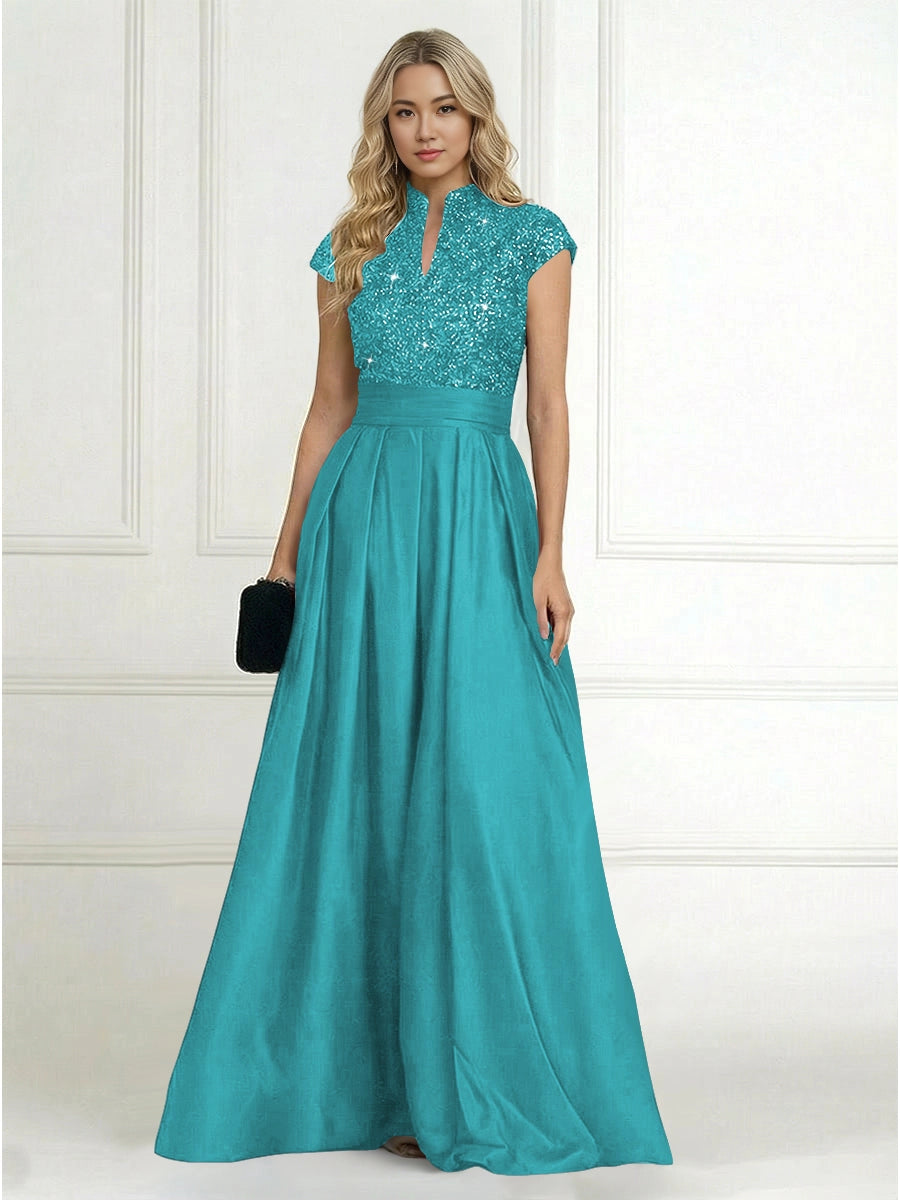 Luxury A-Line High-Neck Cap-Sleeve Zip-Back Floor-Length Plus Size Mother of the Bride Dress