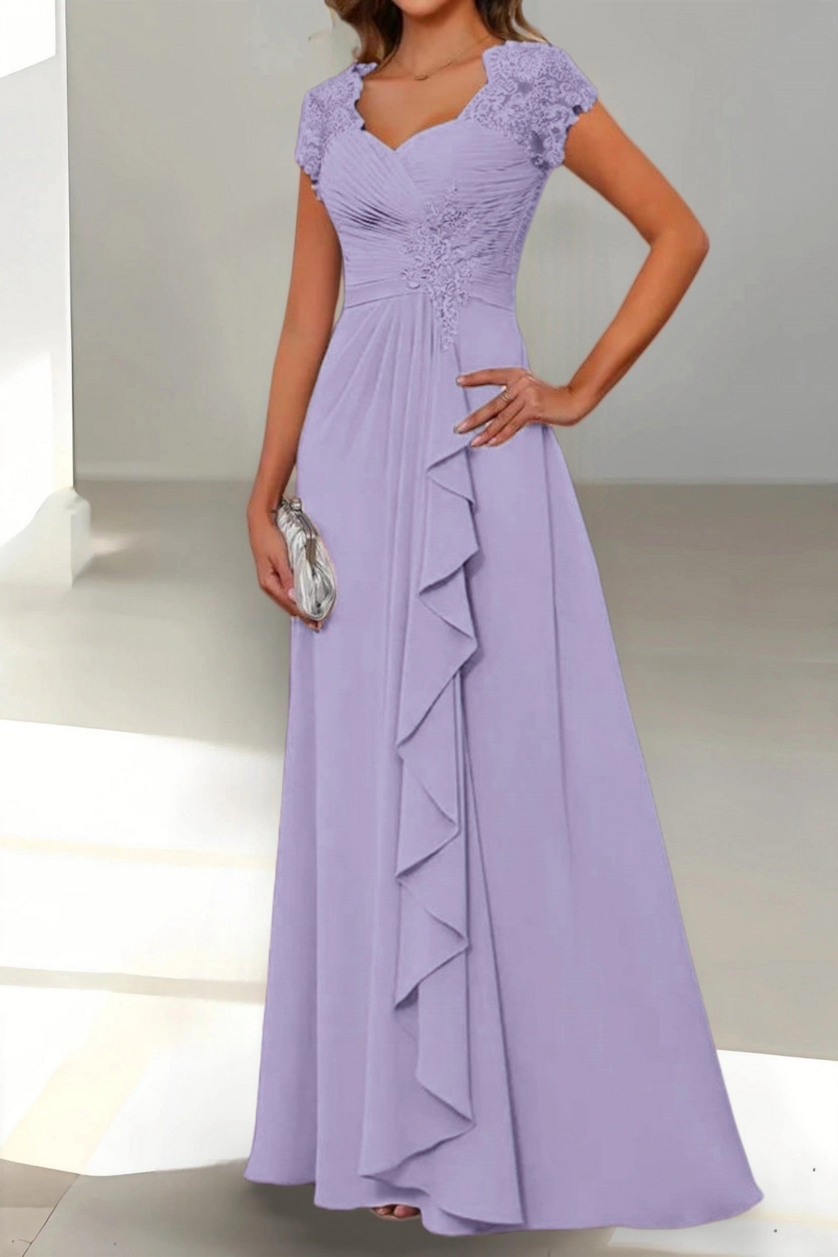 Elegant A-Line Sweetheart Cap Sleeve Zip Back Floor Length Mother Of The Bride Dress