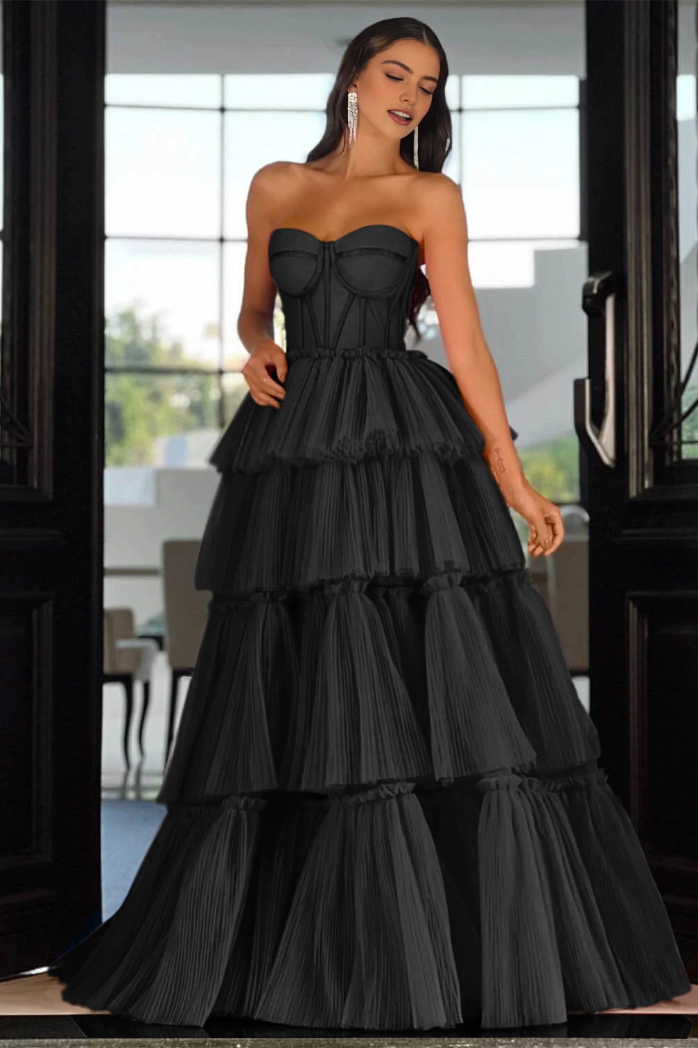 Vibrant Hot‑Pink A‑Line Strapless Sleeveless Lace‑Up‑Back Tiered Floor‑Length Prom Dress