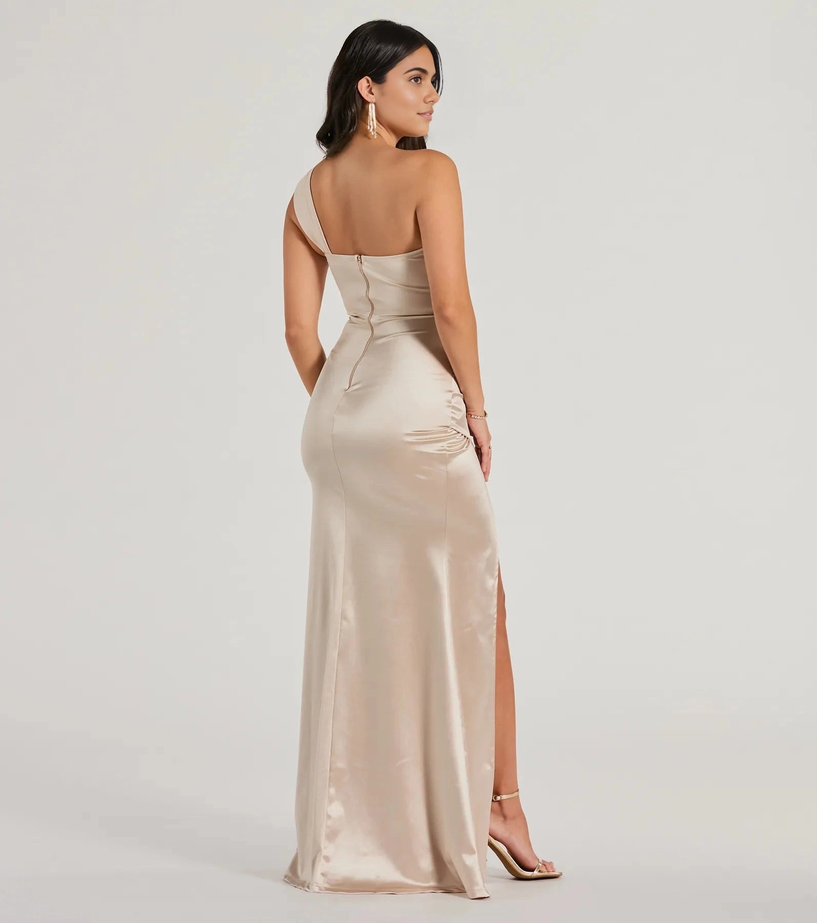 Vedress nude formal dress one shoulder plain open back ruched long prom dress rear view