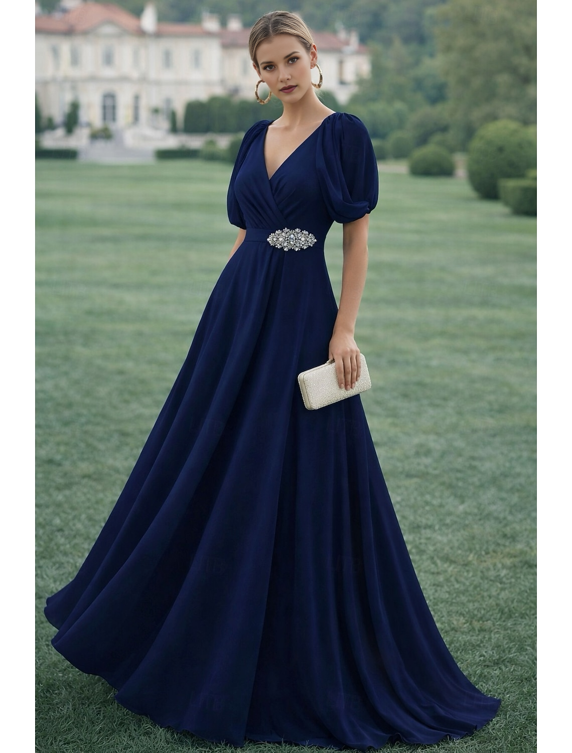 V-Neck Puff Sleeve Chiffon A-Line Floor-Length Formal Gown with Rhinestone Waist Accent