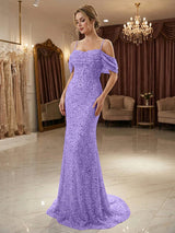 Champagne Off Shoulder Spaghetti Strap Sequin Mermaid Long Prom Dress With Train