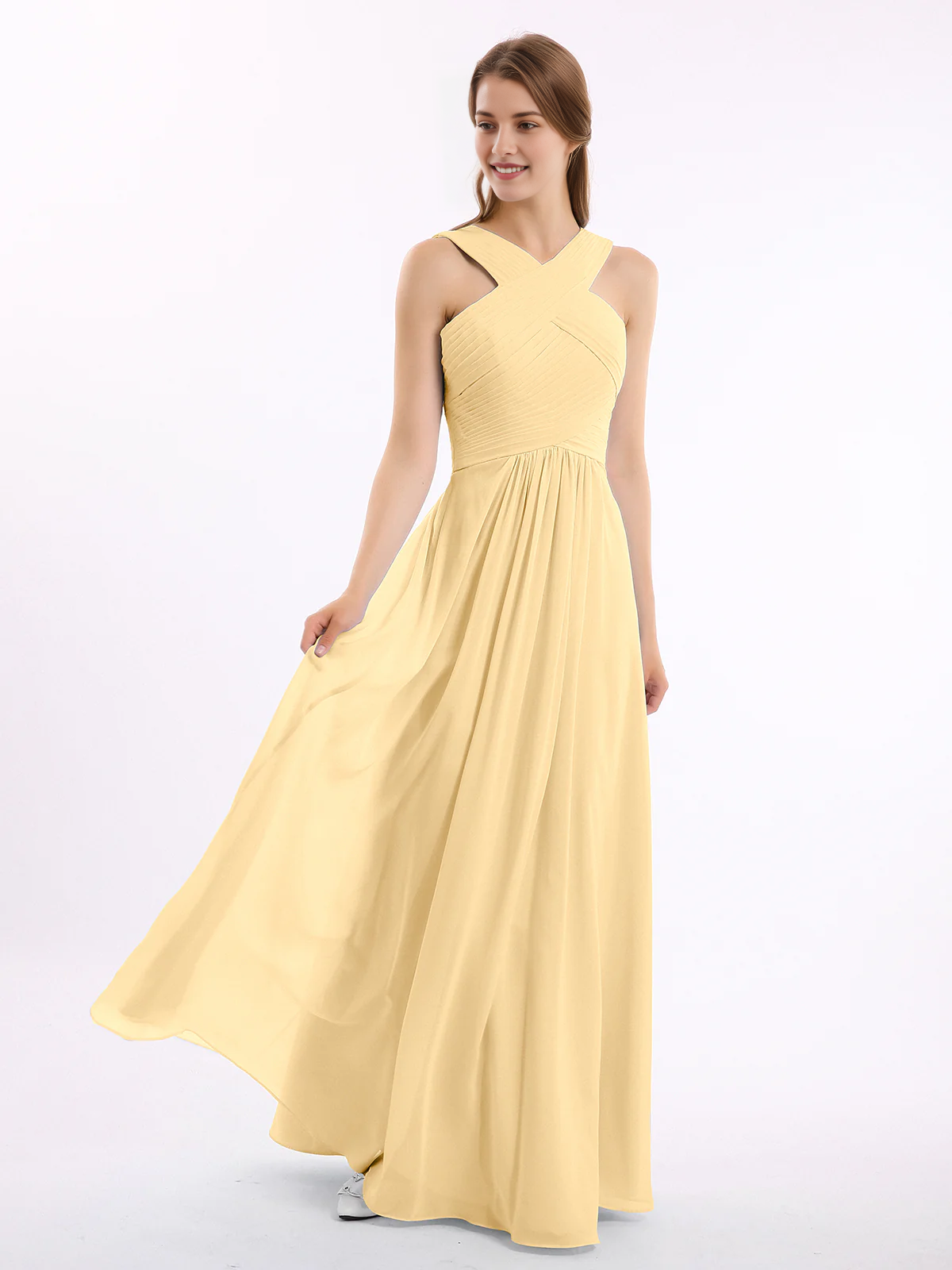 Crisscross Neck Pleated Bodice Flowy Chiffon A-Line Floor-Length Bridesmaid Evening Maxi Dress