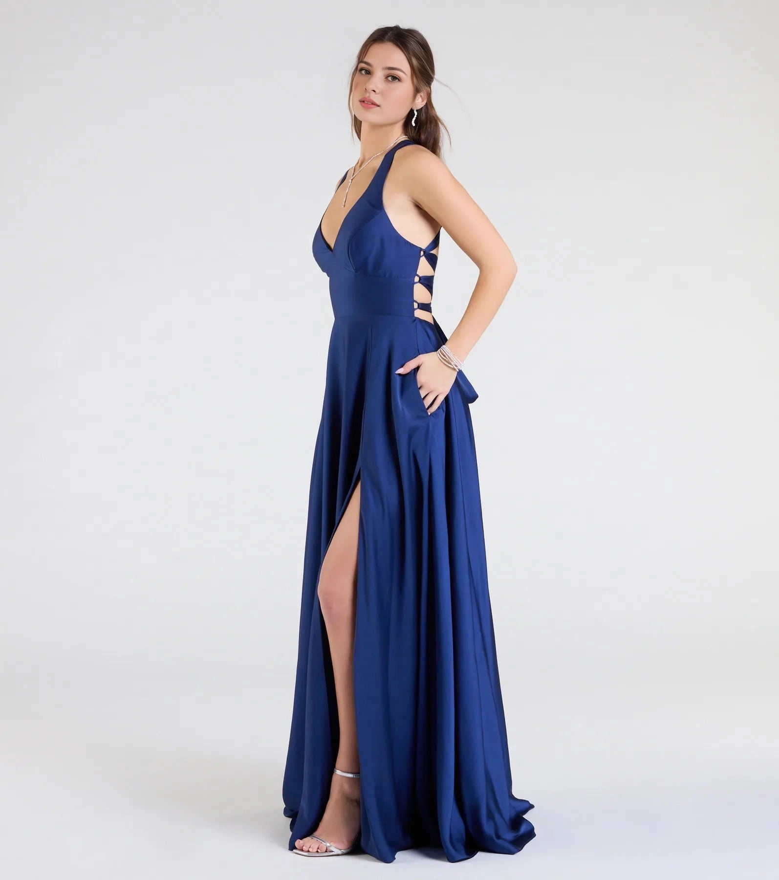 Navy A Line Halter Deep V Sleeveless Lace Up Back Slit Long Prom Dress
