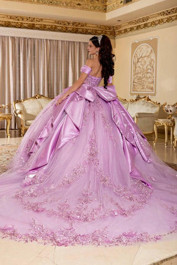 Back view of lavender Quinceañera dress with lace-up corset, oversized satin bow and floral sweeping train