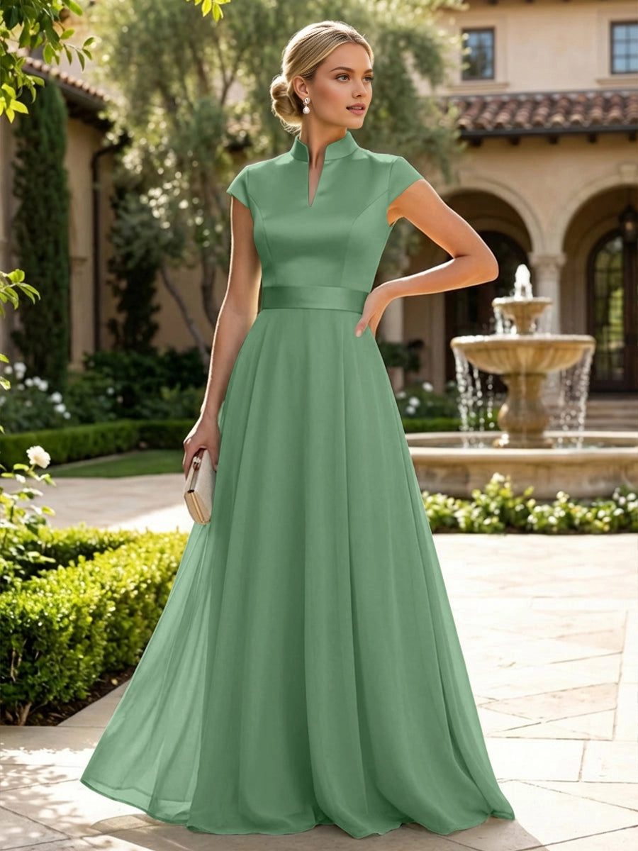 Elegant Sage A‑Line Stand‑Collar Cap‑Sleeve Zip‑Back Floor‑Length Mother Of The Bride Dress