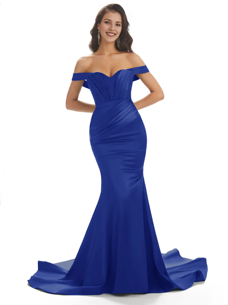 Vestido de noche largo de satén con escote corazón, fruncido, tipo sirena, con hombros descubiertos y cola