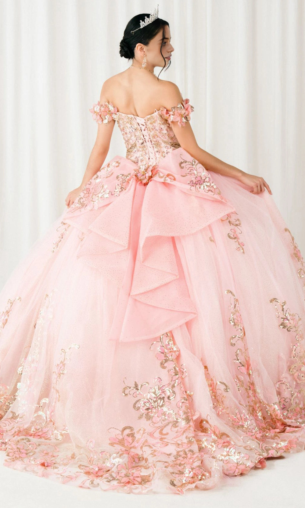 Glam Ball Gown Off‑Shoulder Floral Sleeve Lace‑Up Back Sweep Train Quinceanera Dress