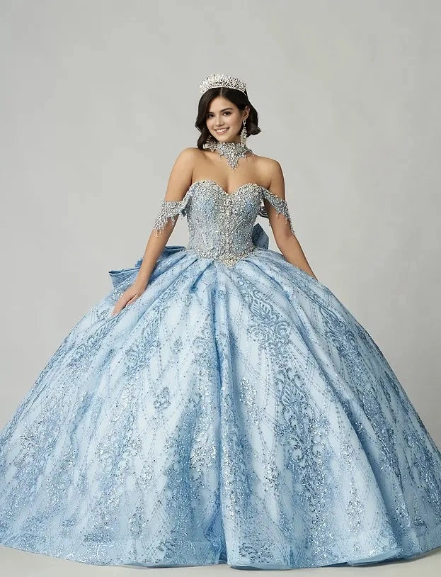 Sparkle Ball Gown Sweetheart Off Shoulder Open Back Train Quinceañera Dress