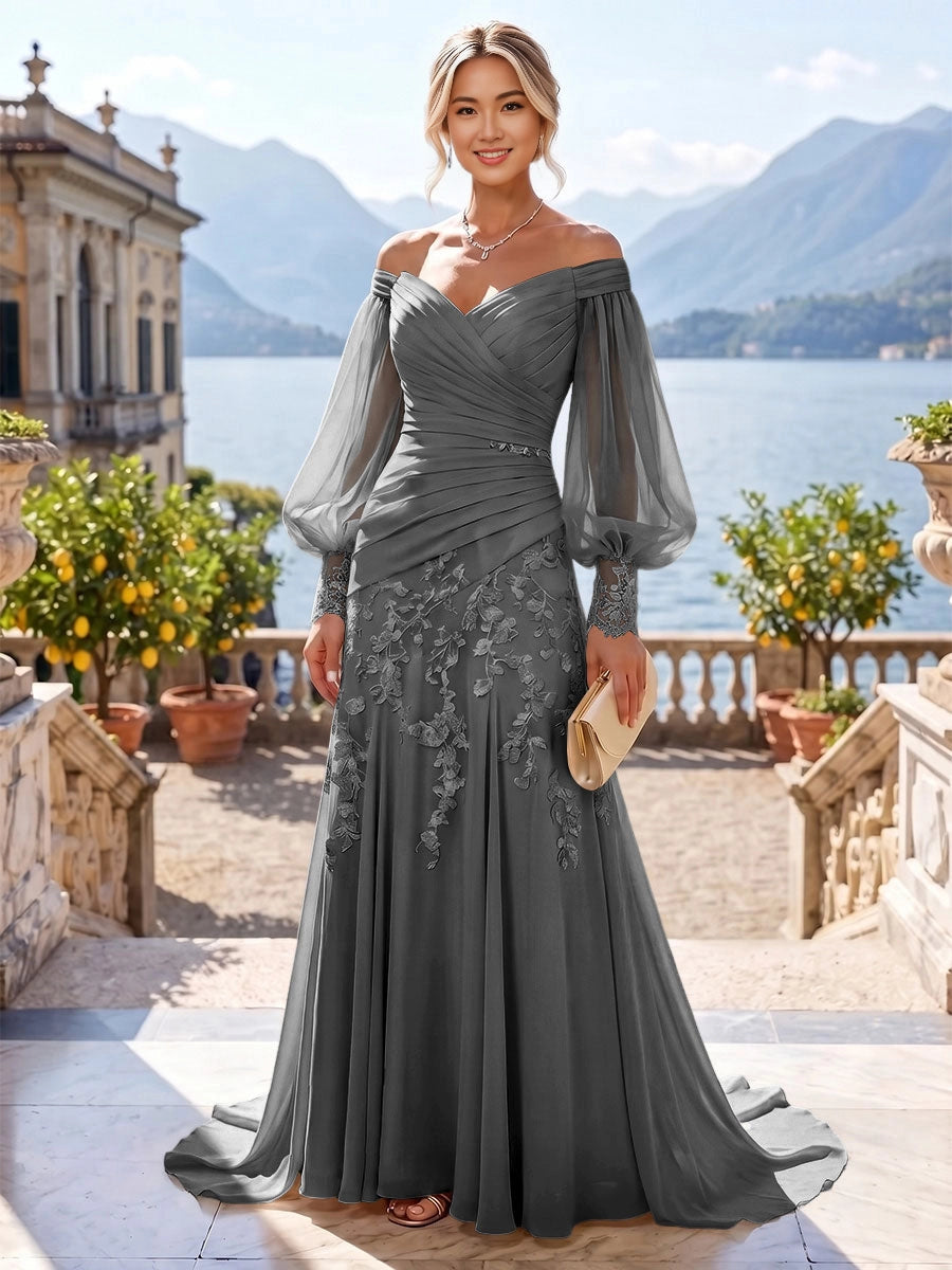 Romantic Mermaid Off-Shoulder Puff-Sleeve Zip-Back Sweep-Train Plus Size Mother of the Bride Dress