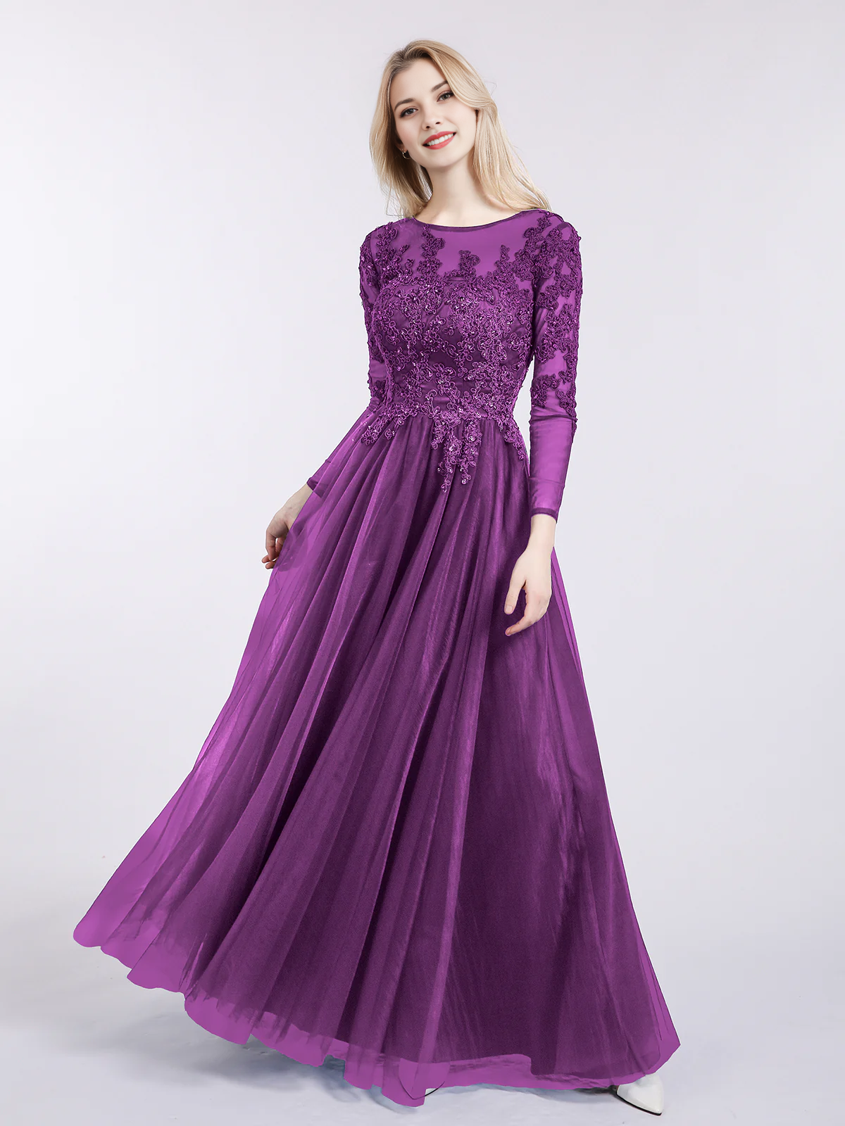 Round Neck Long Sleeve Lace Appliqué Tulle A-Line Floor-Length Bridesmaid Evening Dress