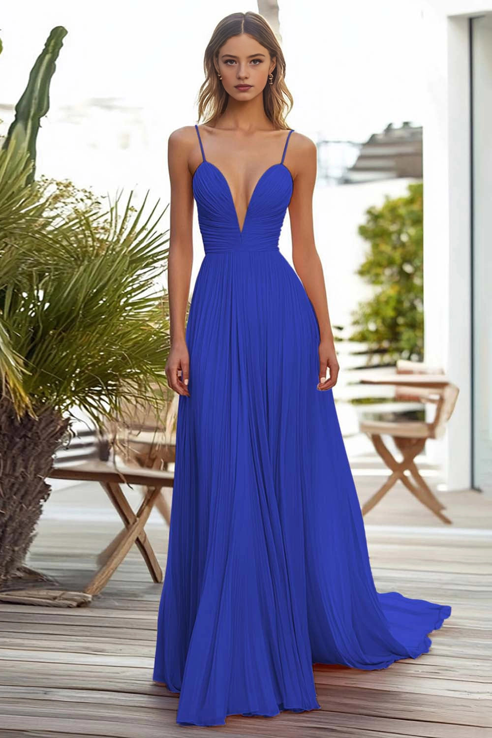 Pleated A Line V Neck Straps Lace Up Back Train Maxi Wedding Guest Dress