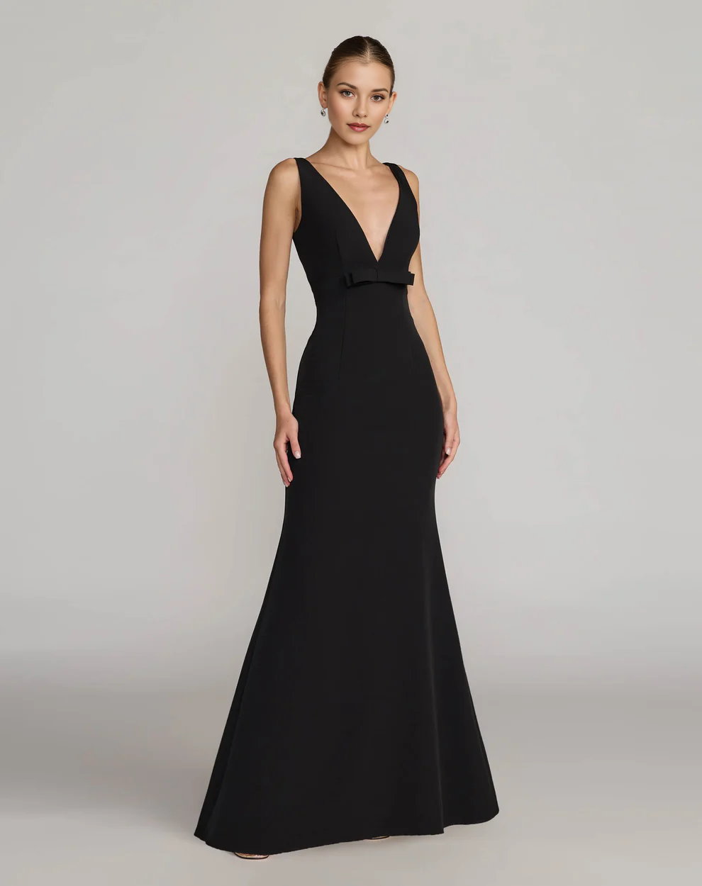 Sleeveless Deep V-Neck Mermaid Gown with Waist Bow Detail