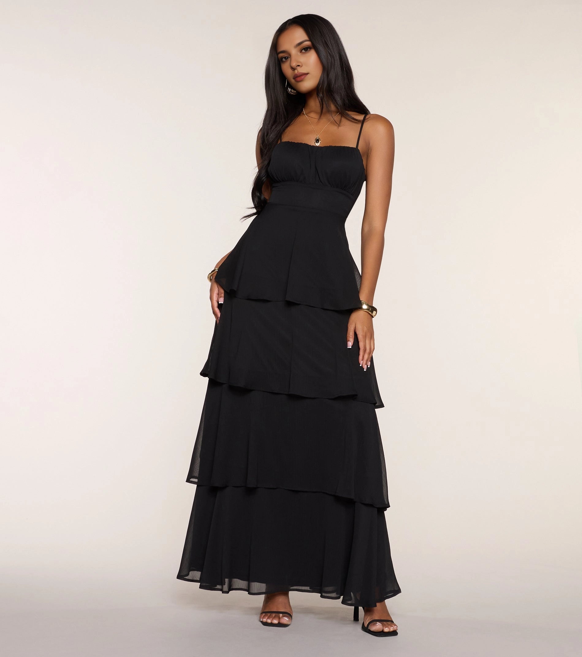 Roselle Dress black chiffon tiered long prom gown square neck spaghetti strap ruffle maxi dress front view