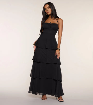 Roselle Dress black chiffon tiered long prom gown square neck spaghetti strap ruffle maxi dress front view