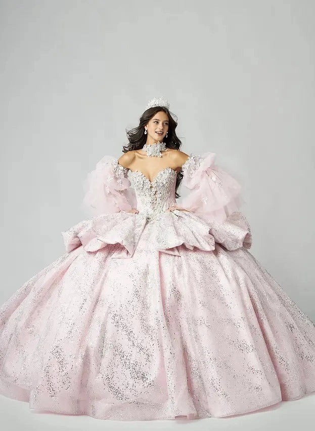 Sequined Ball Gown Sweetheart Off Shoulder Puff Sleeve Corset Train Quinceañera Dress