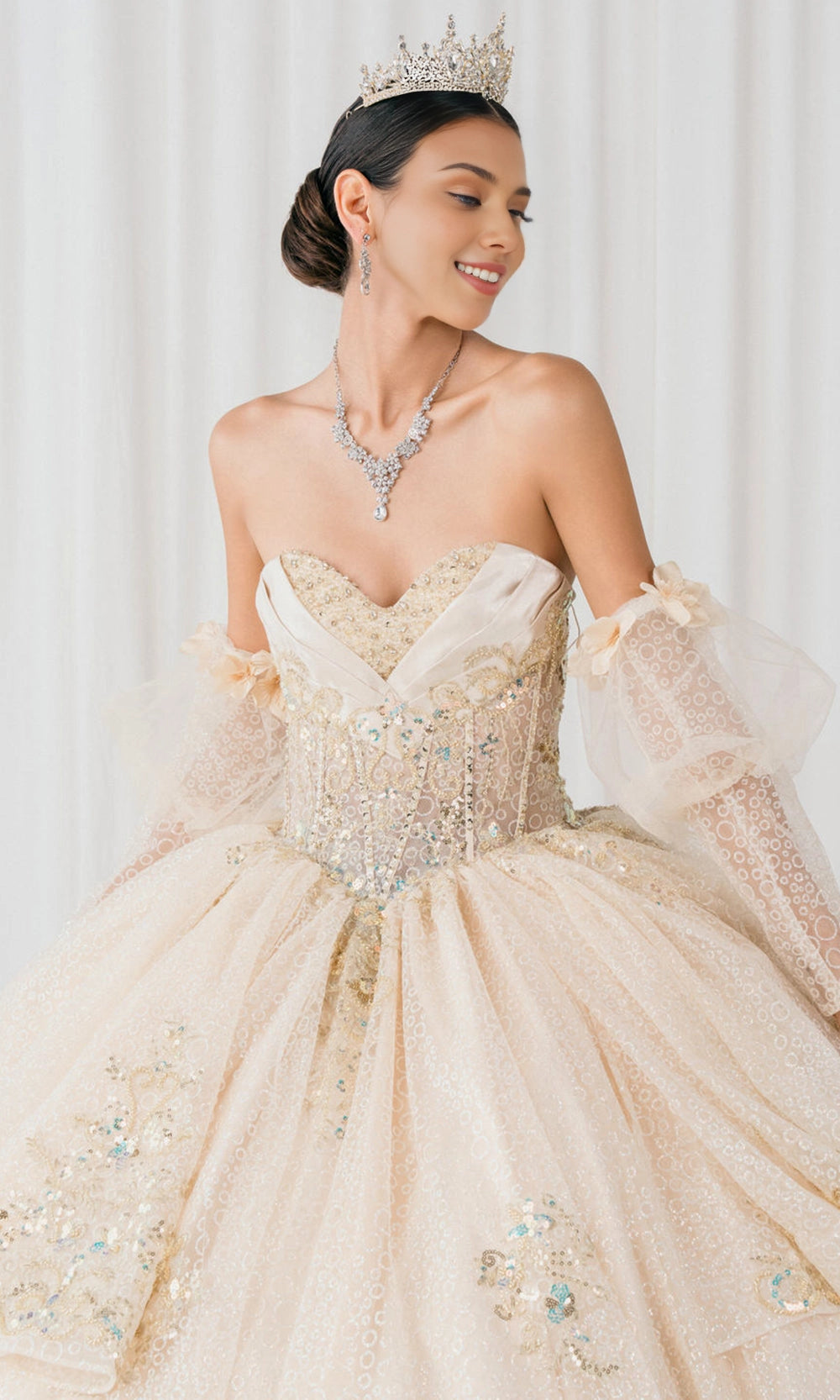 Dusty Pink Ball Gown Strapless Off‑Shoulder Puff Long Sleeves 3D Floral Big Bow Long Train Quinceanera Dress