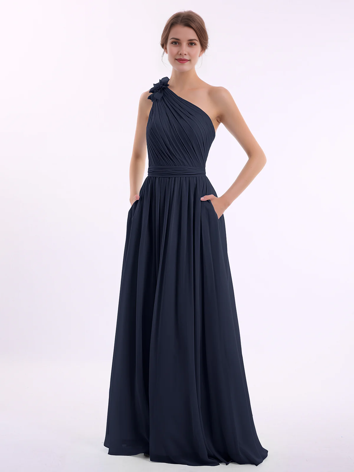 One Shoulder 3D Flower Ruched Chiffon Bridesmaid Maxi Dress with Pockets & Open Back Sash