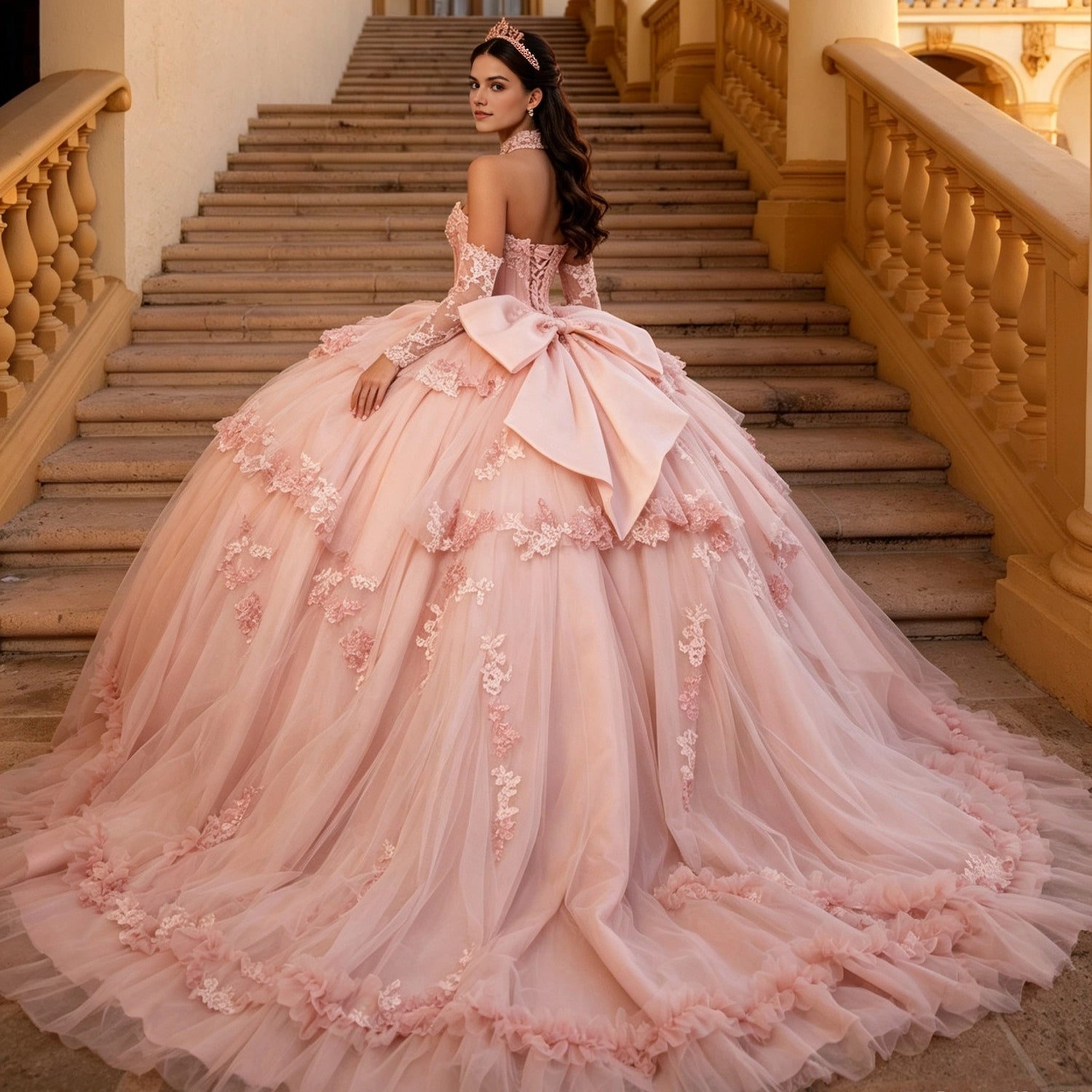 Vedress dusty pink quinceanera ball gown corset back floor length large satin bow 3D flowers ruffled hem back view