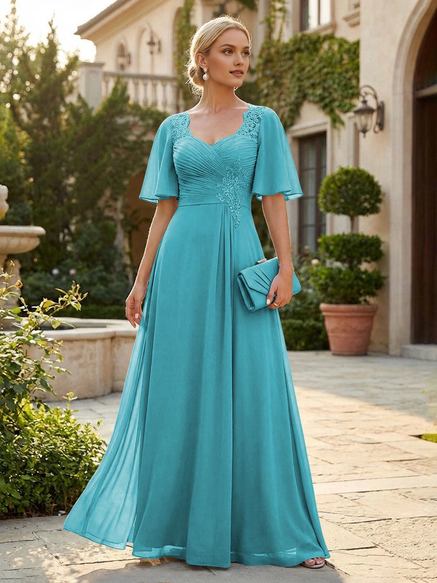 Graceful Dusty Blue A-Line Sweetheart Flutter-Sleeve Sweetheart-Back Floor-Length Mother Of The Bride Dress