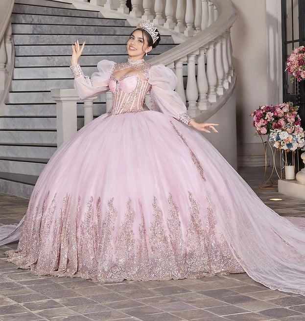 Ball Gown Puff Sleeve Corset Back Cape Train Quinceañera Dress