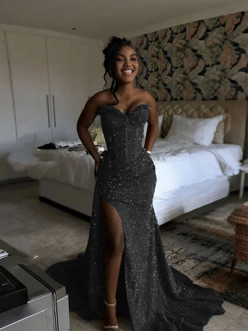Glamorous Mermaid Sweetheart Strapless Lace-Up Back Floor-Length Sparkly Prom Dress