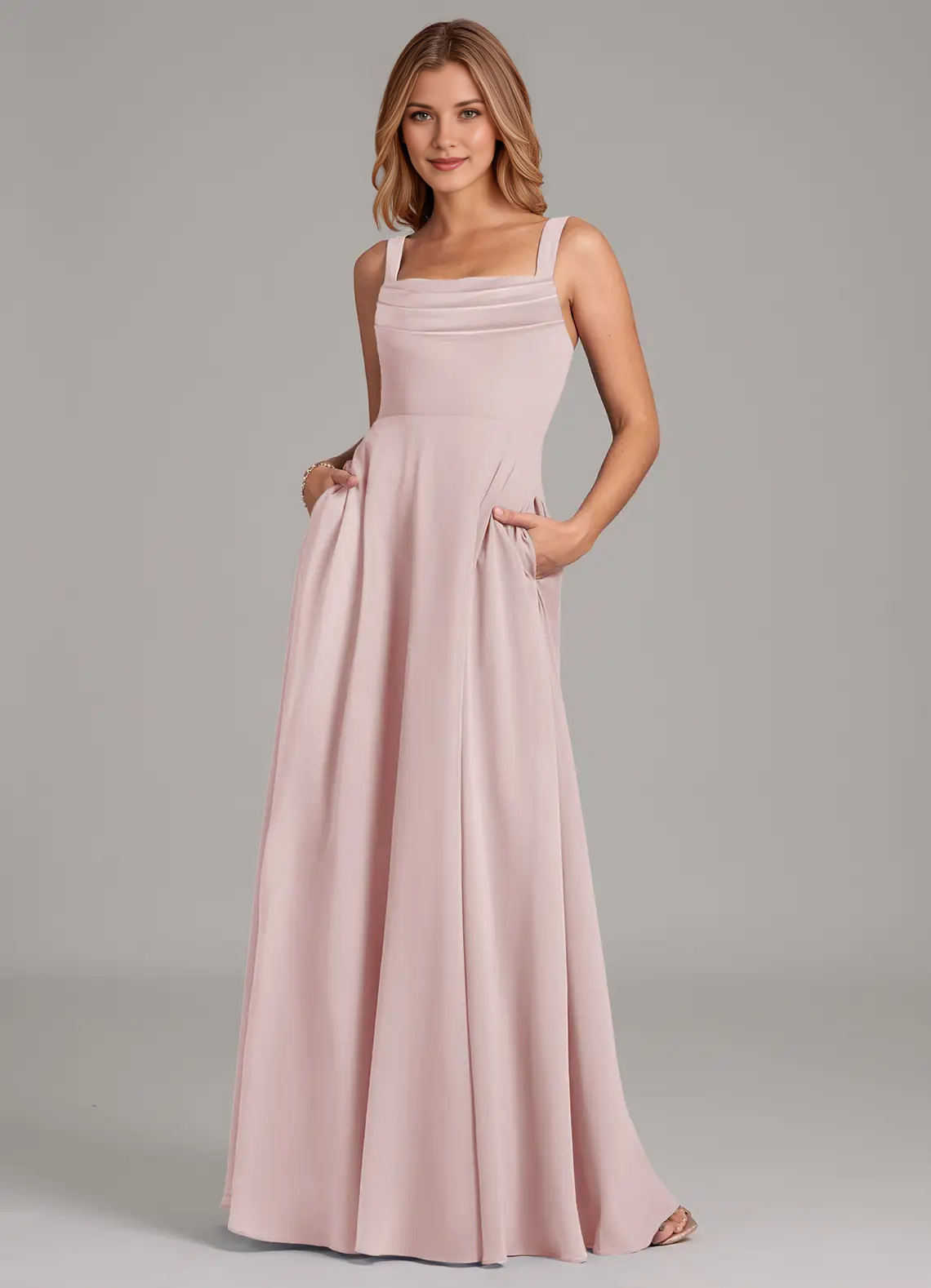 Square Neck Pleated Bodice Chiffon A-Line Floor-Length Bridesmaid Dress with Pockets