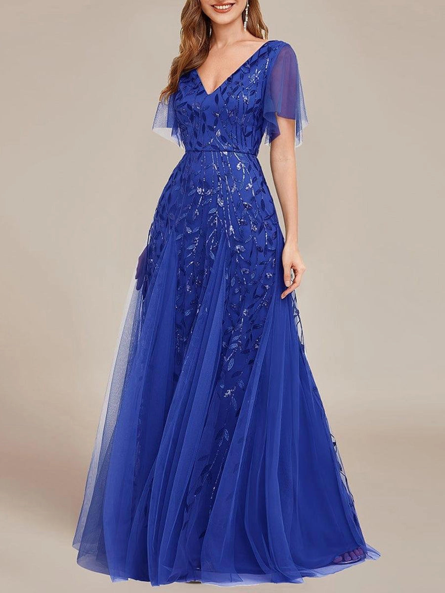 Navy A‑Line V‑Neck Flutter Sleeve V‑Back Long Mother of the Bride Dress