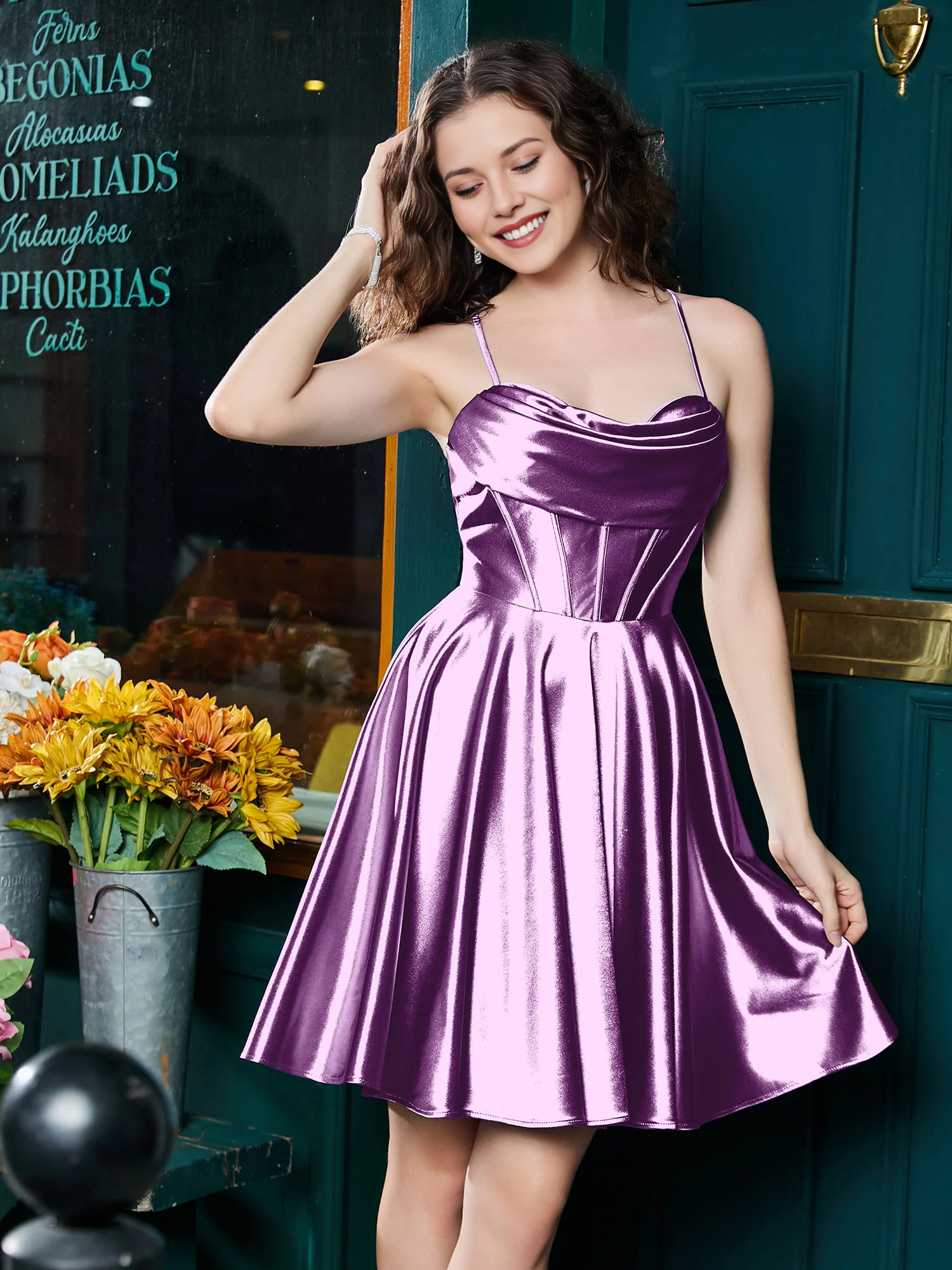 Cowl Neck Corset Boning Spaghetti Strap Lace-Up Back Satin Skater Mini Homecoming Dress