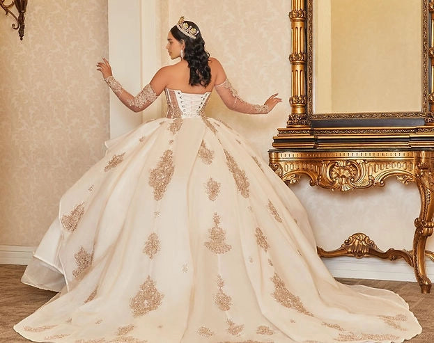 Ball Gown Sweetheart Long Sleeve Corset Bow Train Quinceañera Dress