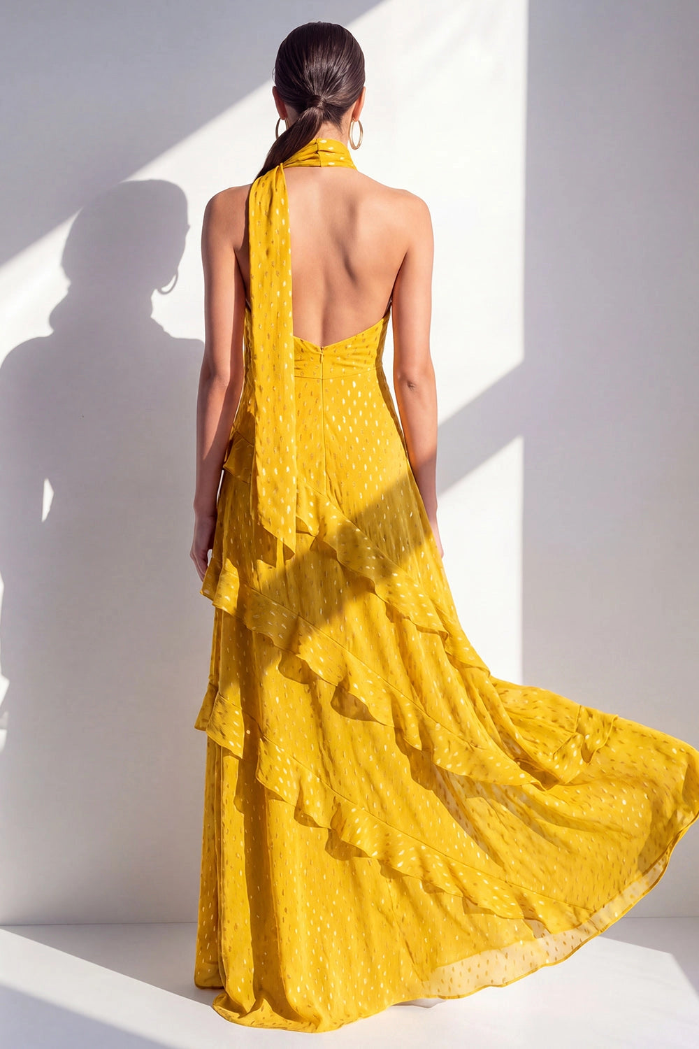 Flowy A Line Halter Open Back Sleeveless Zip Up Maxi Wedding Guest Dress
