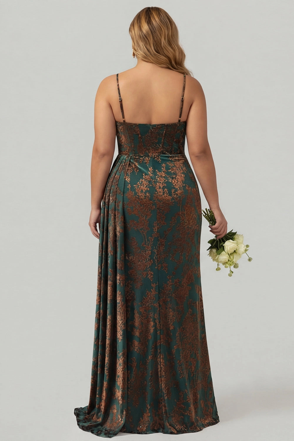 Vedress adjustable strap zip back printed satin plus size formal gown back view