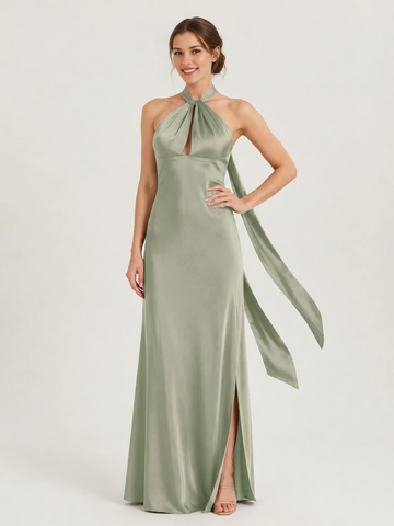 Halter Neck Keyhole Satin Mermaid Bridesmaid Dress with Back Bow & High Slit