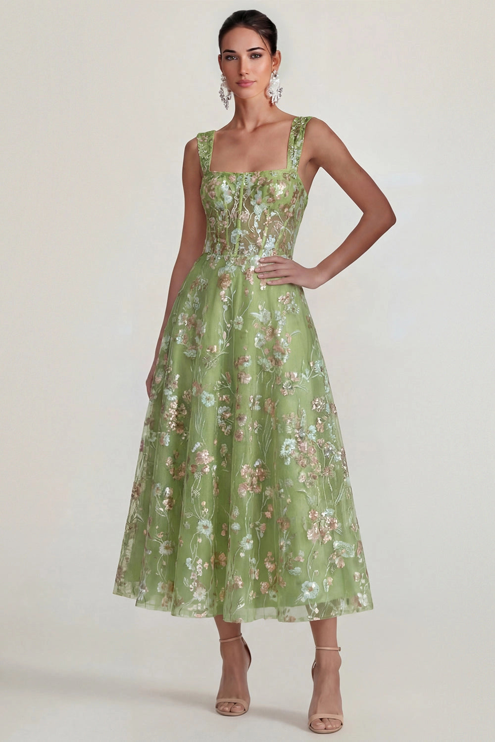 Blush Floral A-Line Square Neck Sleeveless Sheer Corset Back Midi Prom Dress