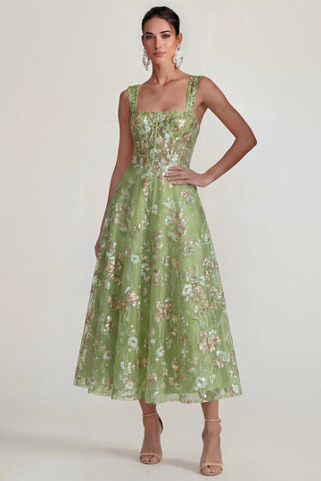 Blush Floral A-Line Square Neck Sleeveless Sheer Corset Back Midi Prom Dress