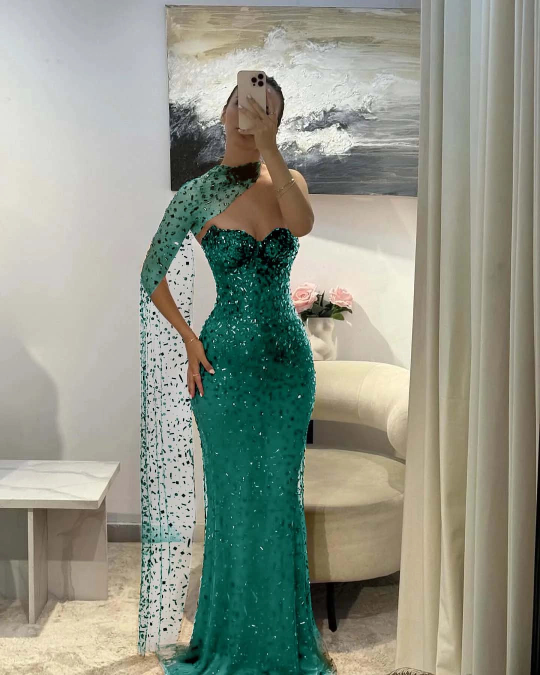 Sparkly Mermaid Sweetheart One‑Sleeve Open‑Back Long Prom Dress
