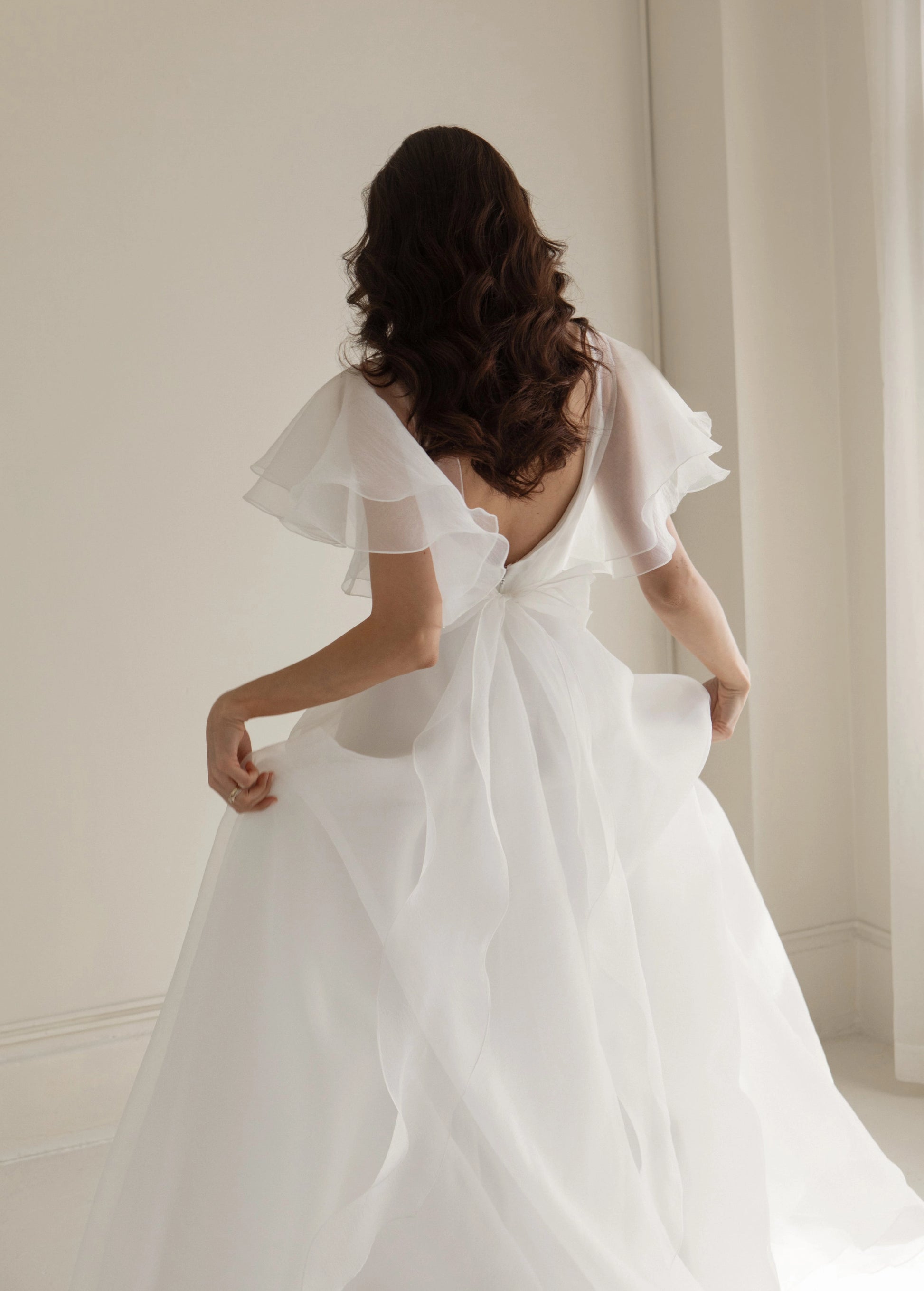Sheer Boat Neck A-Line Flutter Sleeve Open Back Chapel Train Simple Wedding Bridal Gown